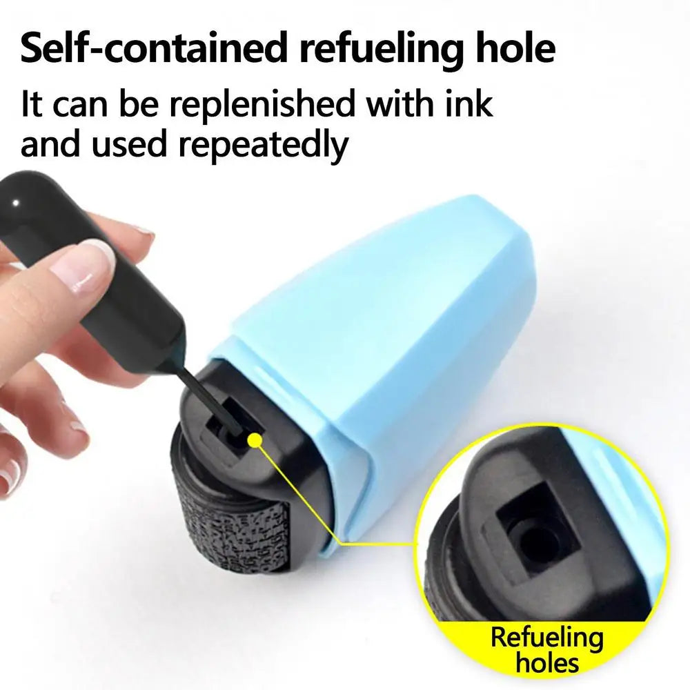 A hand is shown using a self-contained refueling hole on a light blue roller stamp to replenish ink.