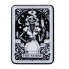 A black and white enamel pin featuring a skull wearing a nurse's cap and uniform, surrounded by decorative elements.