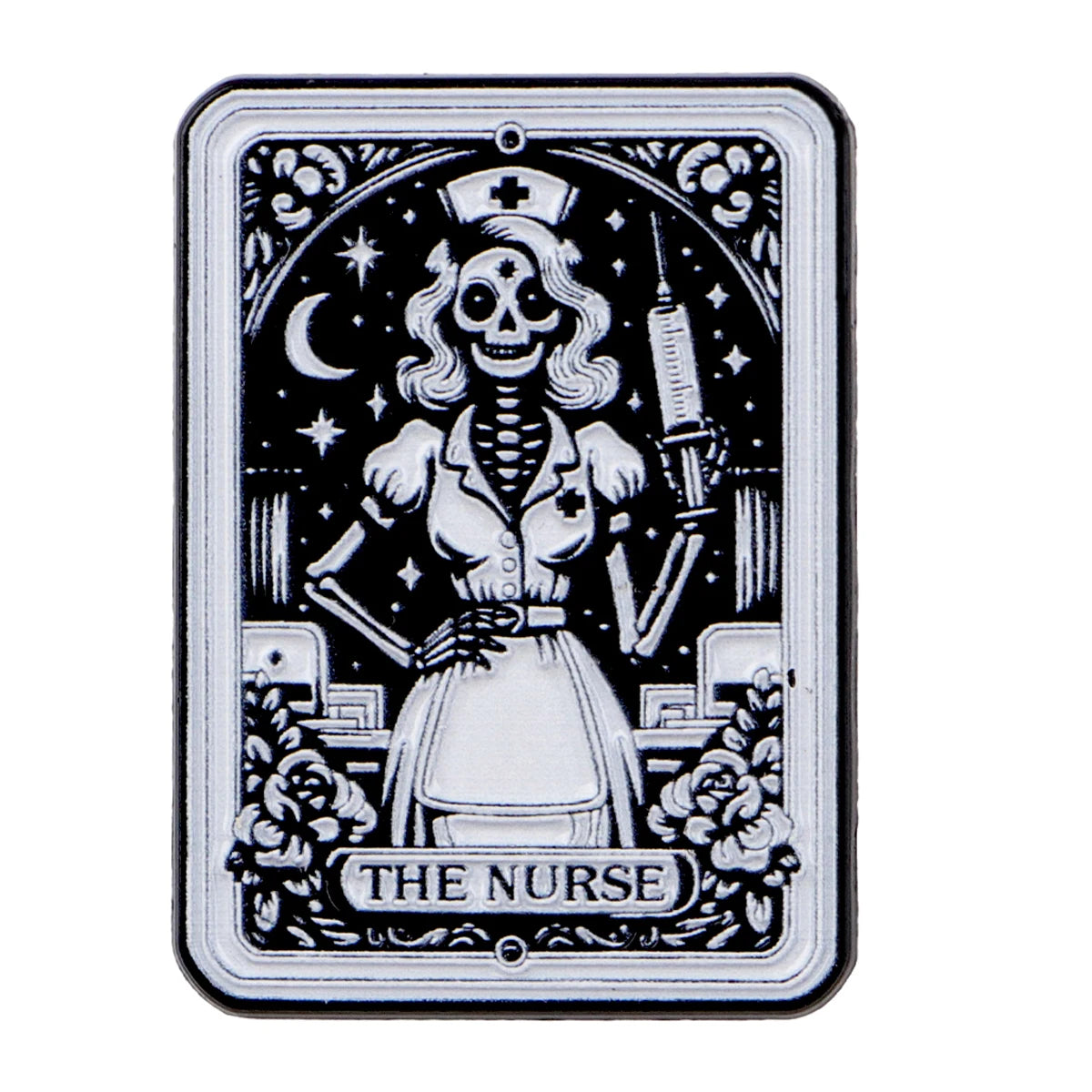 A black and white enamel pin featuring a skull wearing a nurse's cap and uniform, surrounded by decorative elements.