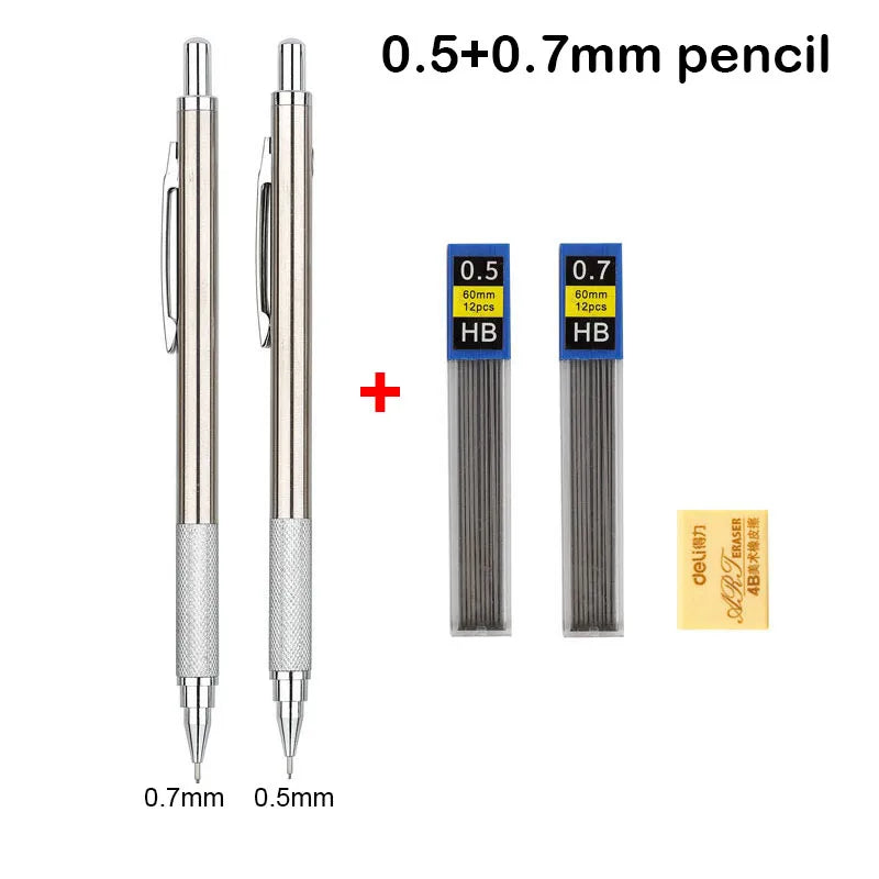 A set of 0.5 and 0.7mm mechanical pencils with HB lead tips shown alongside the individual pencils.