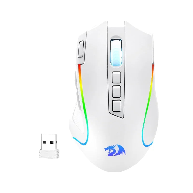 Ratón para gaming blanco con botones personalizables y luces RGB contra fondo blanco.