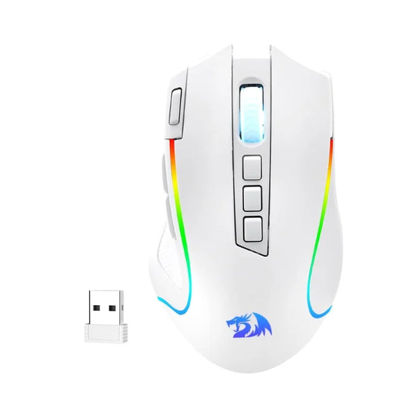 Ratón para gaming blanco con botones personalizables y luces RGB contra fondo blanco.