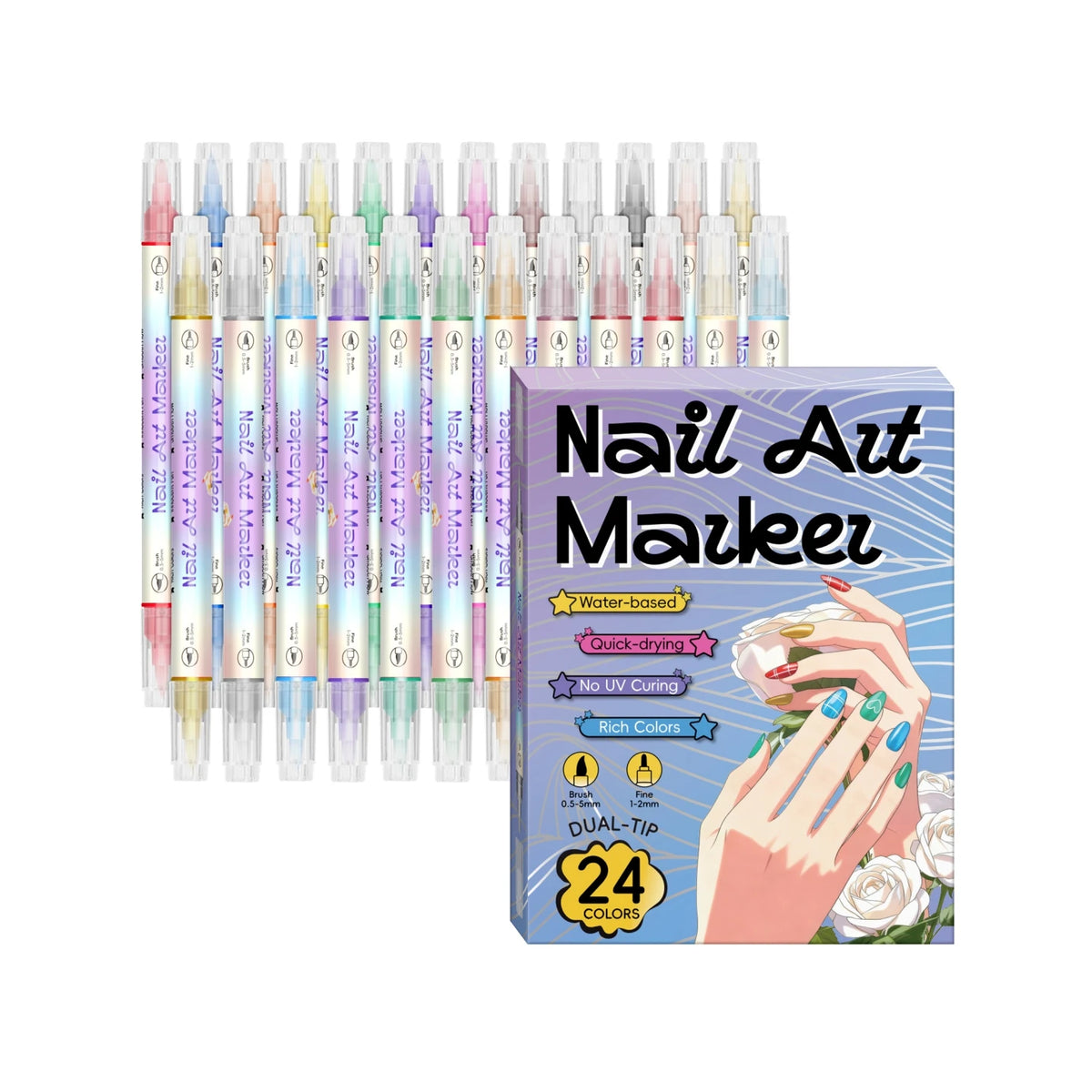 A set of 24-color double-headed nail art markers in metallic shades displayed next to their packaging.
