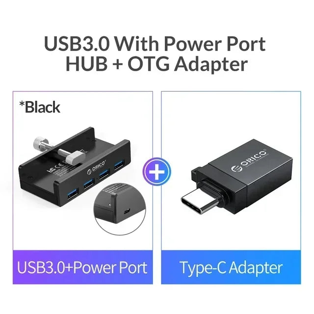 Black USB 3.0 hub with a power port and an OTG adapter connected to a Type-C adapter.