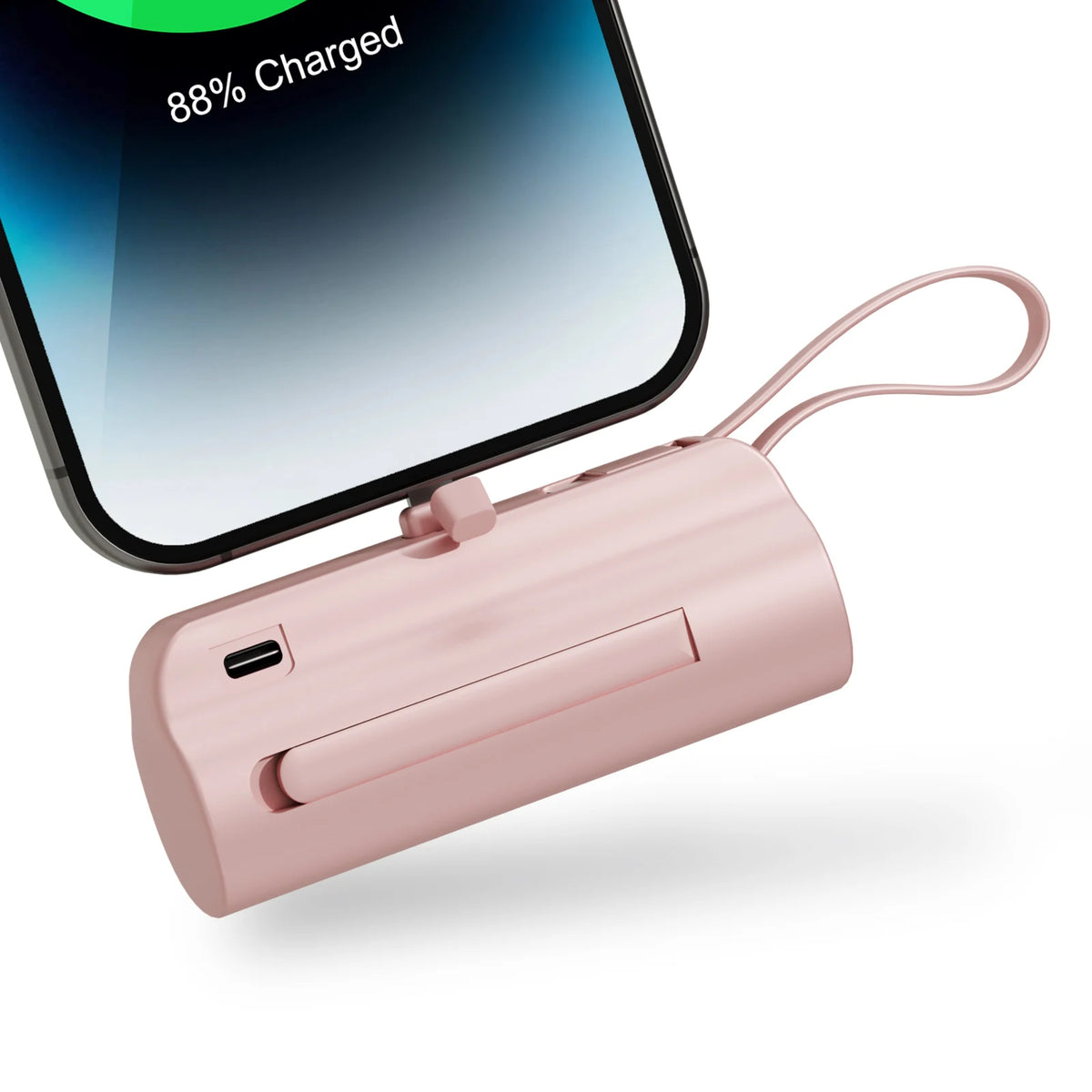 A pink compact power bank with a flexible cord is shown next to a smartphone displaying 88% charge.
