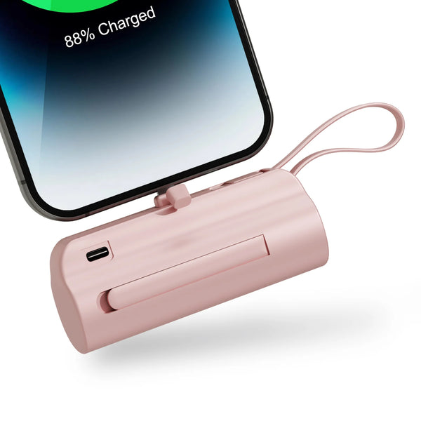 A pink compact power bank with a flexible cord is shown next to a smartphone displaying 88% charge.