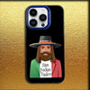 iPhone case featuring an illustration of Saint Judas Tadeo with a beard and hat on a gold background.