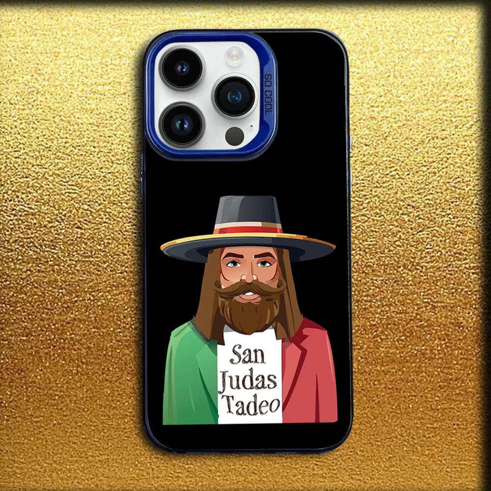 iPhone case featuring an illustration of Saint Judas Tadeo with a beard and hat on a gold background.