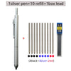 A silver ballpoint pen set including one pen, ten refills, and one box of lead with four black, four blue, and two red pencil
