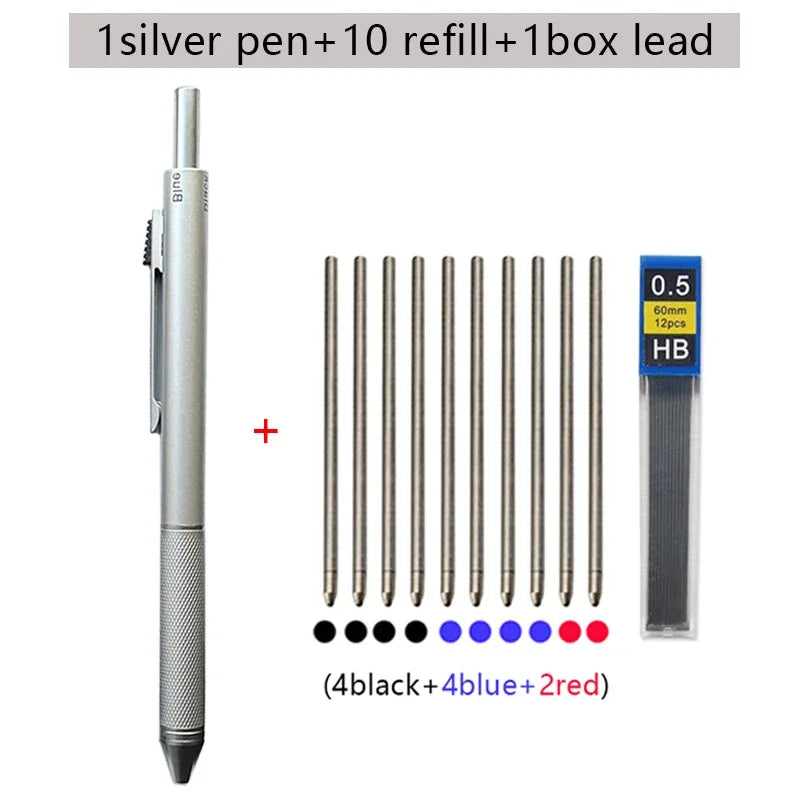 A silver ballpoint pen set including one pen, ten refills, and one box of lead with four black, four blue, and two red pencil