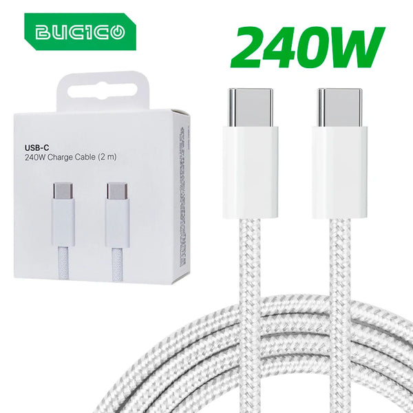A white box containing a 240W USB-C to USB-C braided charging cable and two connectors.