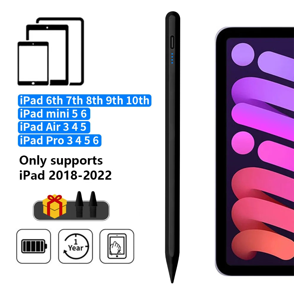 A black precision stylus pen with an LED indicator shown next to various iPad models.