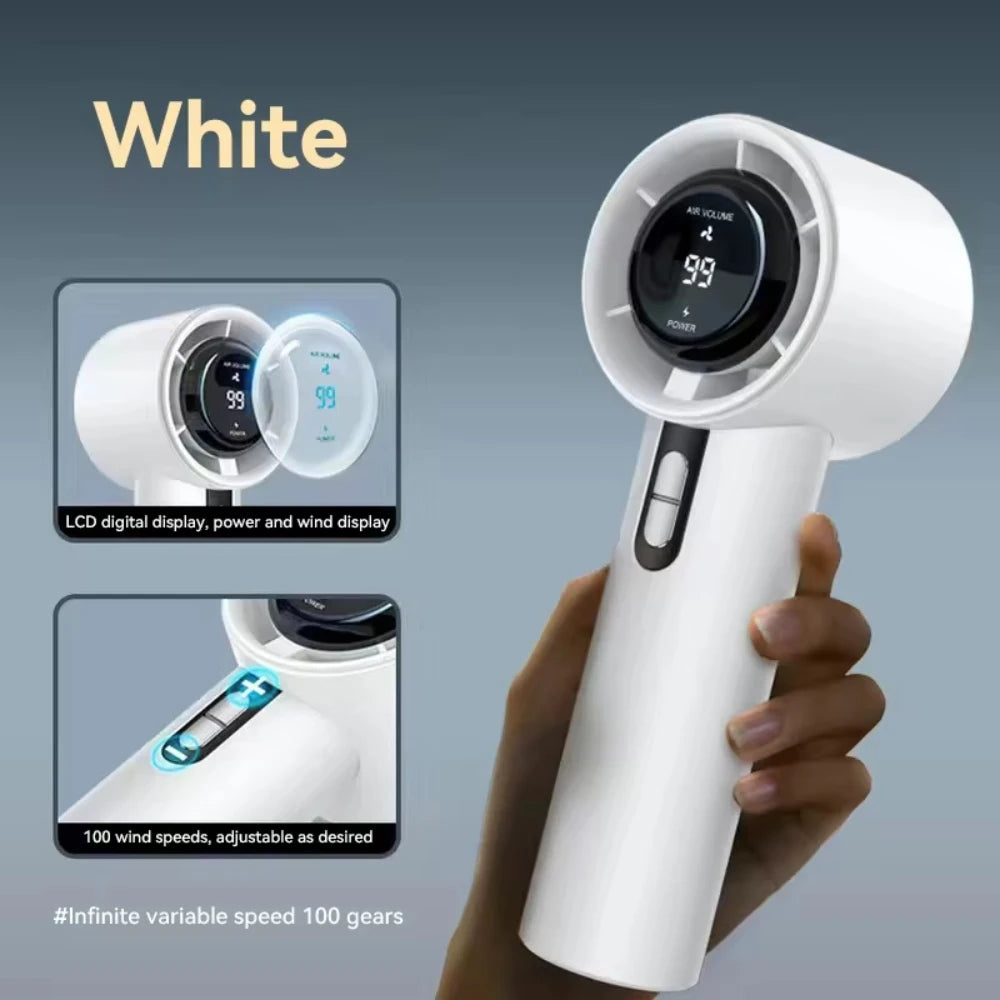 Weißer tragbarer USB-Handventilator mit digitaler Anzeige für Luftvolumen und Leistung