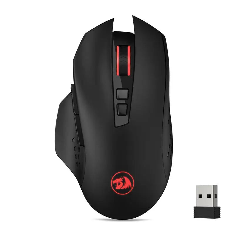 Black Redragon Wireless Gaming Mouse with red accents shown from above.