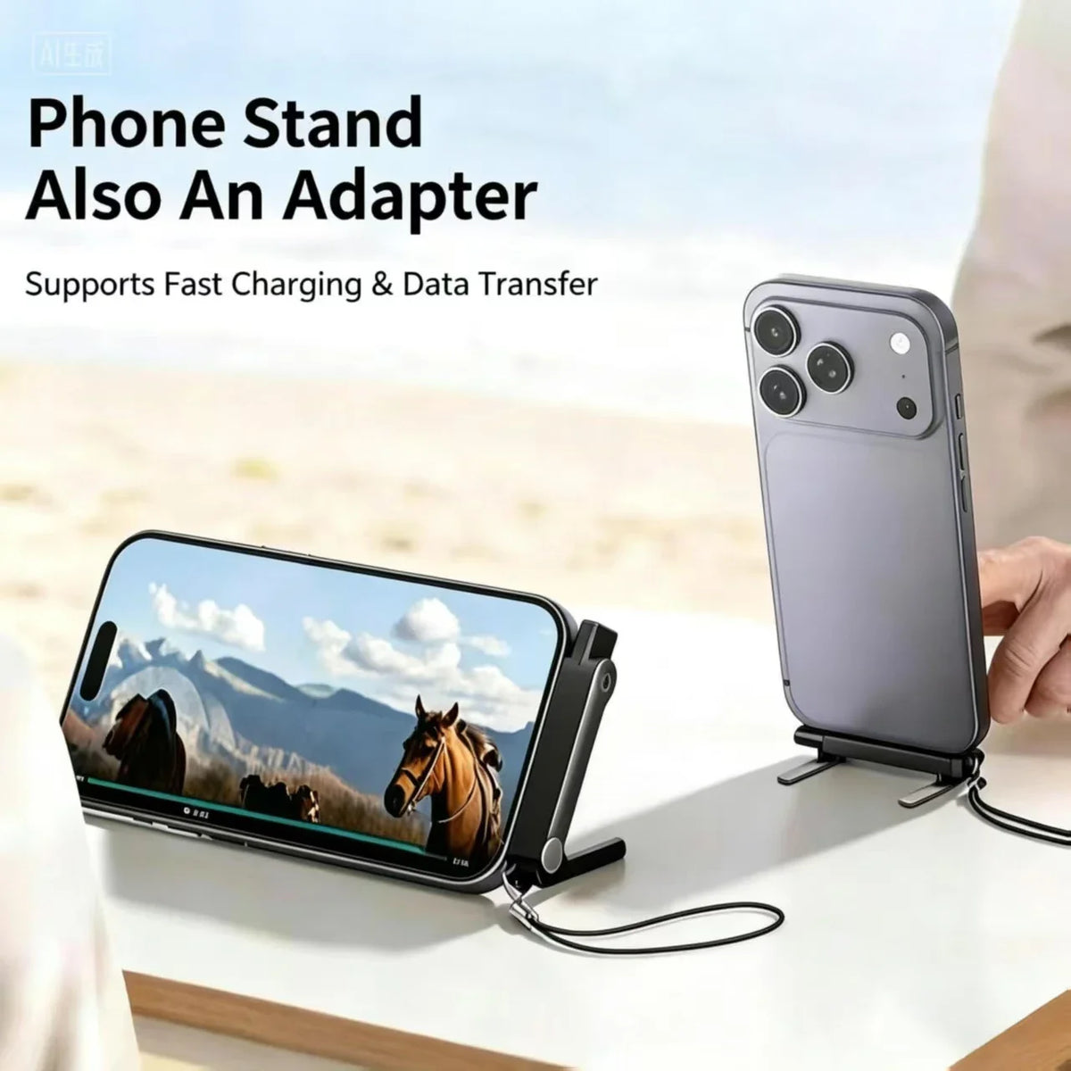 A gray smartphone is shown resting on a black foldable stand, demonstrating its use as a phone stand and adapter.
