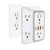 A white 6-in-1 multi-port power strip with multiple outlets and USB charging ports.