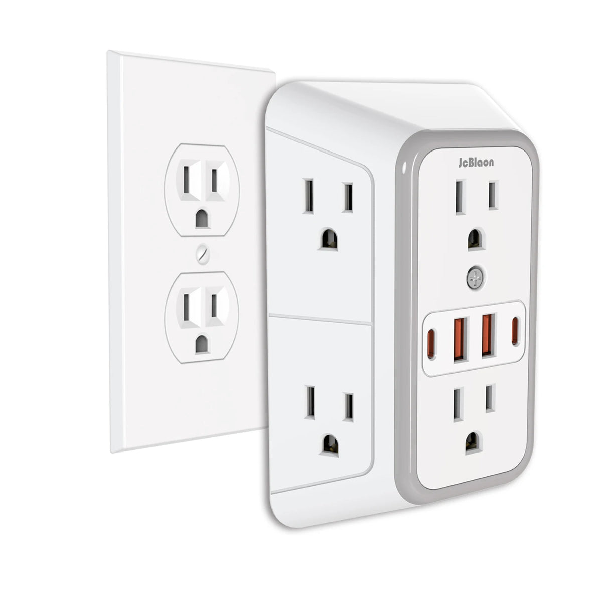 A white 6-in-1 multi-port power strip with multiple outlets and USB charging ports.