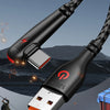 A black braided USB-C to Type-C fast charging cable is shown against a dark background with various military figures.