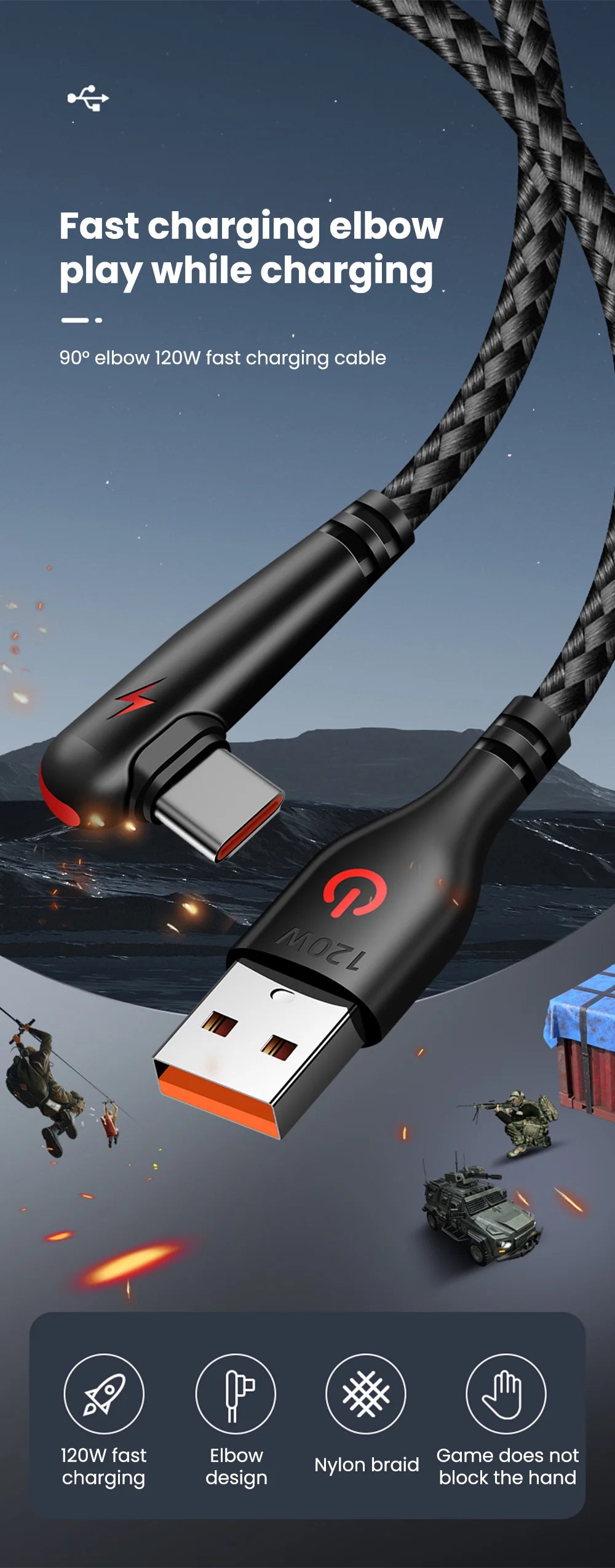 A black braided USB-C to Type-C fast charging cable is shown against a dark background with various military figures.