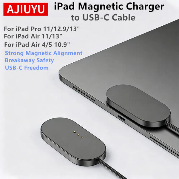 Magnetischer kabelloser Ladegerätadapter für iPad Pro und Air, gezeigt neben einem USB-C-Kabel.