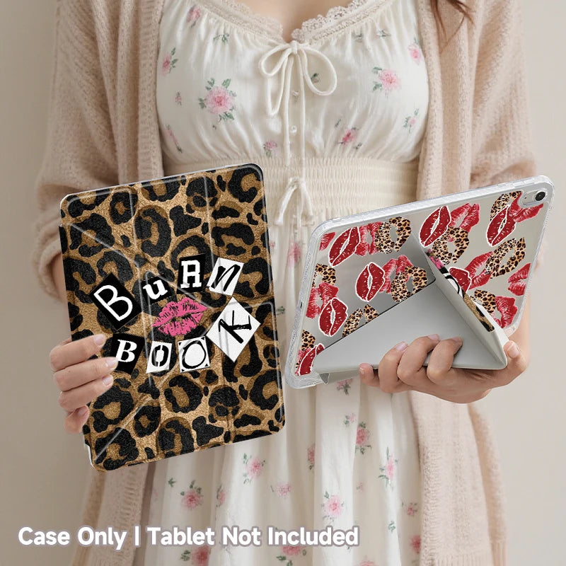 A hand holds a leopard print protective case for an iPad, with the tablet not included.