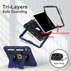 A tri-layer safe guarding system showing an iPad frame with a front shell and silicone skin, secured by a nylon strap.
