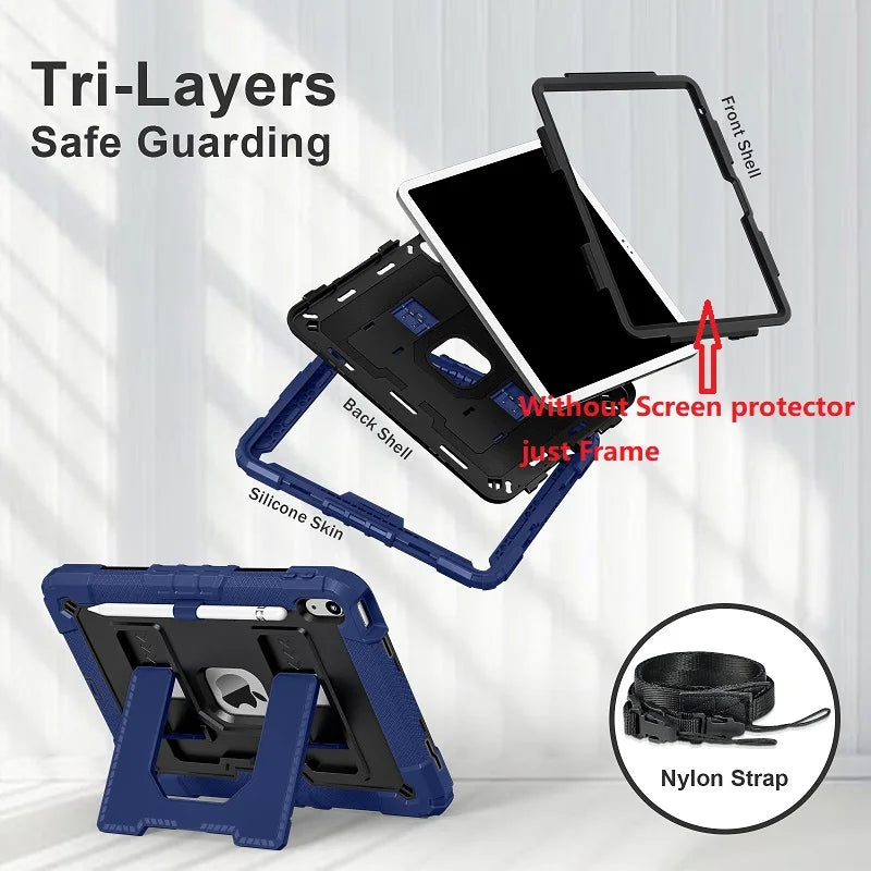 A tri-layer safe guarding system showing an iPad frame with a front shell and silicone skin, secured by a nylon strap.