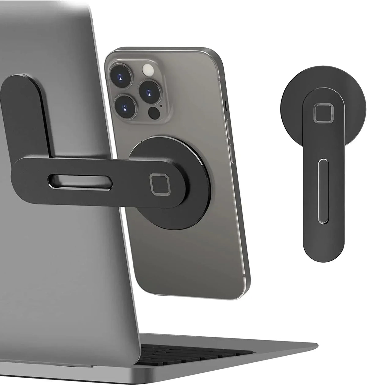 A magnetic phone holder is attached to a laptop, with a smartphone resting on the holder.
