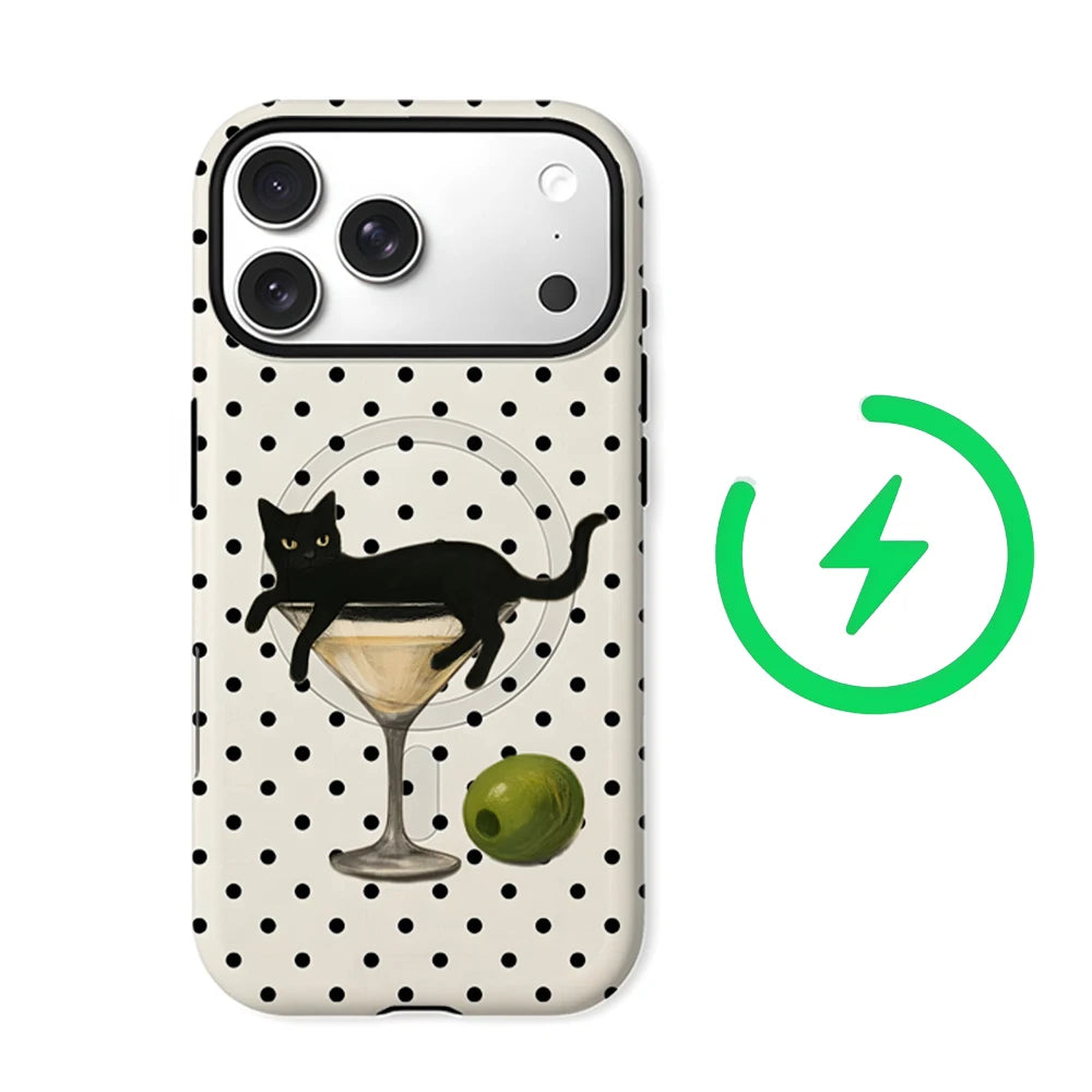 A hybrid phone case featuring a black cat martini pattern on a white background.