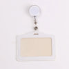 A white PU leather badge case with a clear plastic holder and attached chain for an ID card.