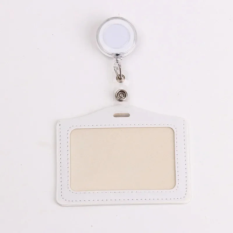 A white PU leather badge case with a clear plastic holder and attached chain for an ID card.