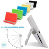 A set of colorful flexible multi-angle tablet and phone desk stands demonstrating various adjustable angles.
