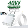 A white 40W fast charging power adapter with a coiled cable shown next to the device.