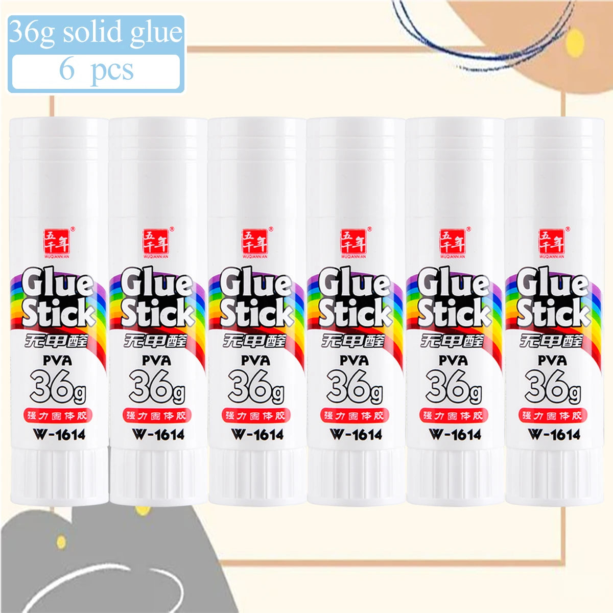 Six individual tubes of 36g solid glue stick PVA craft glue in various colors and packaging