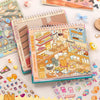 A colorful sticker book featuring a cute snack shop scene with various food items and wooden elements.