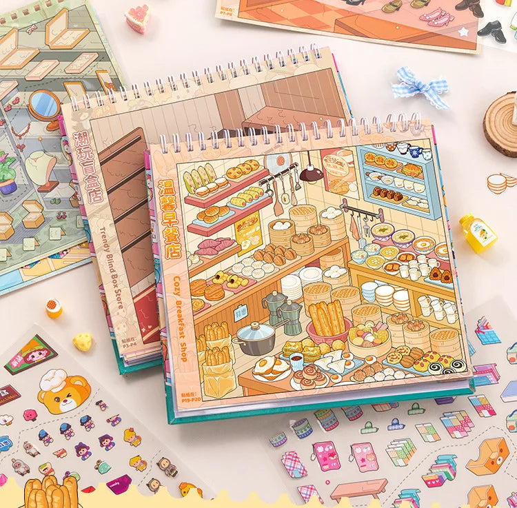 A colorful sticker book featuring a cute snack shop scene with various food items and wooden elements.