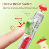 A hand is pressing a red switch on a clear plastic pen to relieve stress, demonstrating the function of a Stress Relief Switc