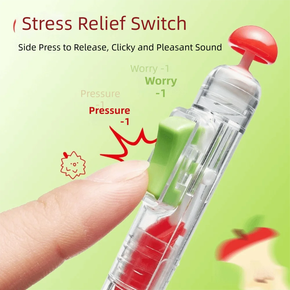 A hand is pressing a red switch on a clear plastic pen to relieve stress, demonstrating the function of a Stress Relief Switc