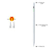 A long, slender stylus pen body with a double click on/off feature and a POM pen tip.