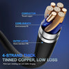 A close-up view of a 4-strand thick tinned copper cable with multi-layer shielding and various protective layers.