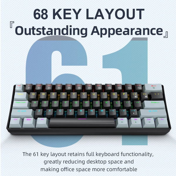 Vista de cerca de un teclado mecánico de 61 teclas negro con iluminación RGB sobre un fondo gris claro.