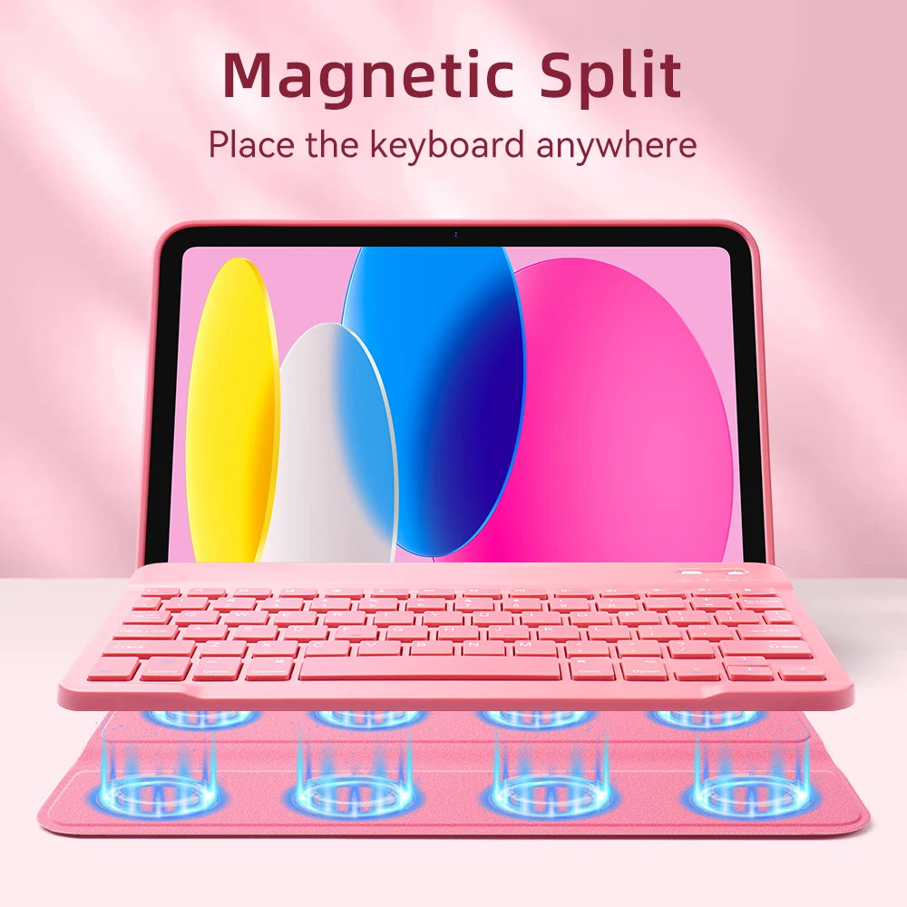 A pink magnetic split keyboard case is shown with a laptop, demonstrating its ability to place the keyboard anywhere.