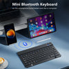 A mini Bluetooth keyboard and mouse set is shown with a smartphone and tablet, allowing them to function like a computer.