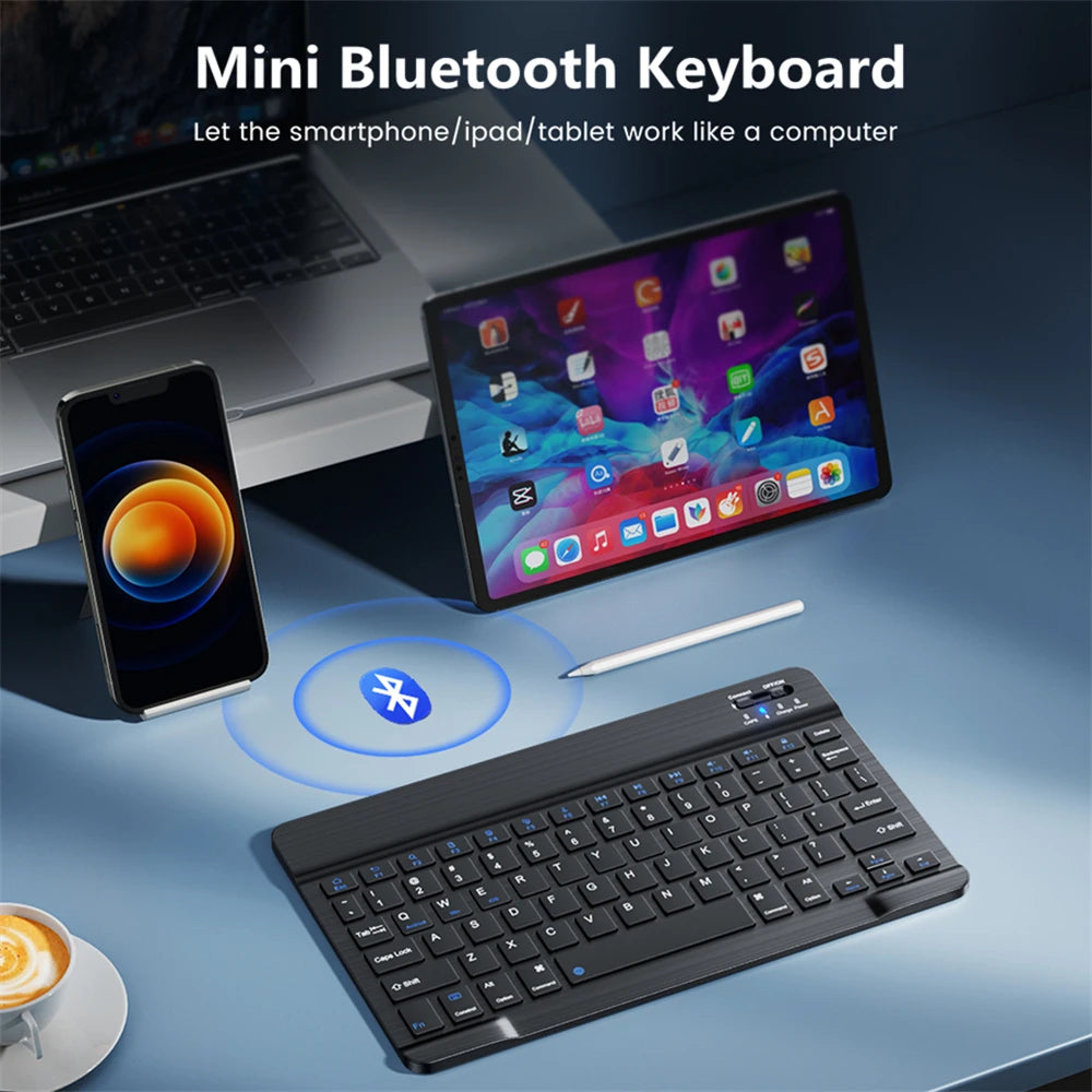 A mini Bluetooth keyboard and mouse set is shown with a smartphone and tablet, allowing them to function like a computer.