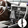 Interior view of a car dashboard showing a universal mount for phones and tablets with a 360 degree rotating long arm