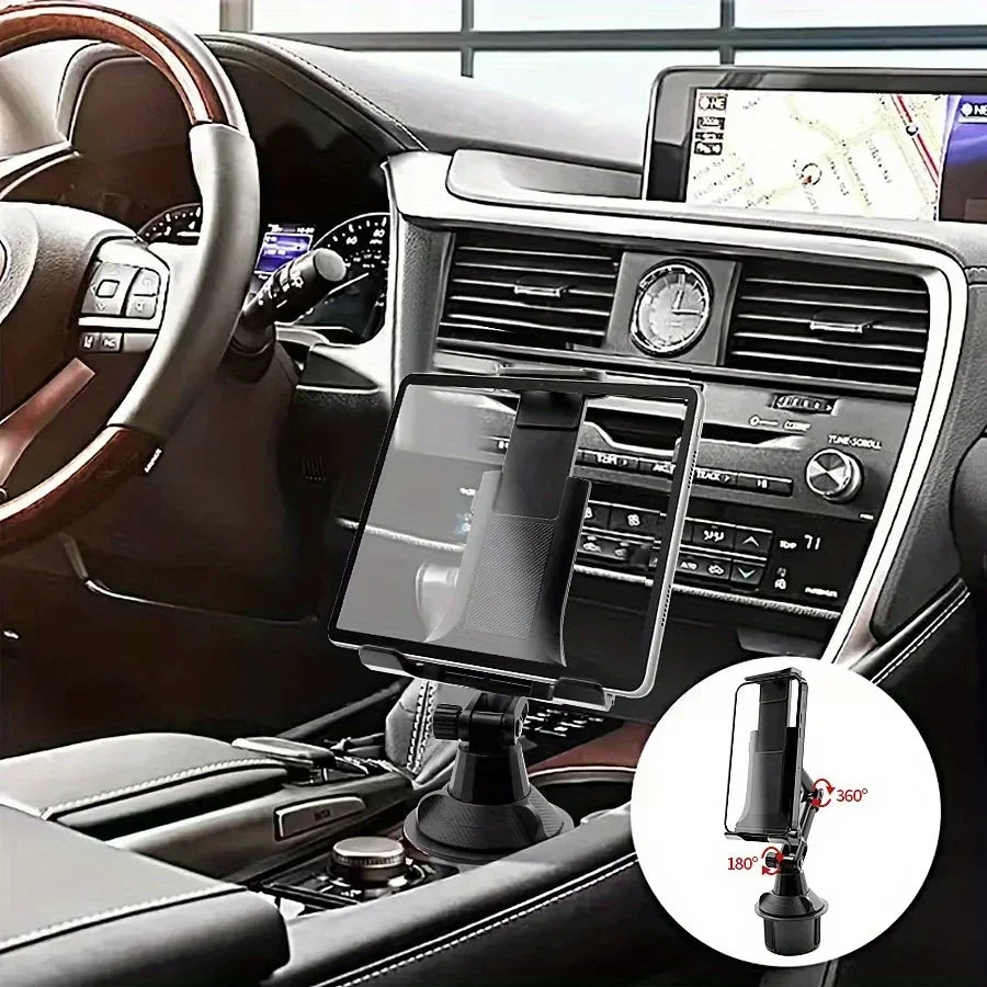 Interior view of a car dashboard showing a universal mount for phones and tablets with a 360 degree rotating long arm