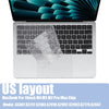 Weißes MacBook Pro Laptop mit klarem Silikon-Tastaturcover auf hellem grauem Hintergrund.
