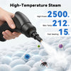 A hand holds a black high-temperature steam cleaner emitting white steam onto a white, fluffy surface.
