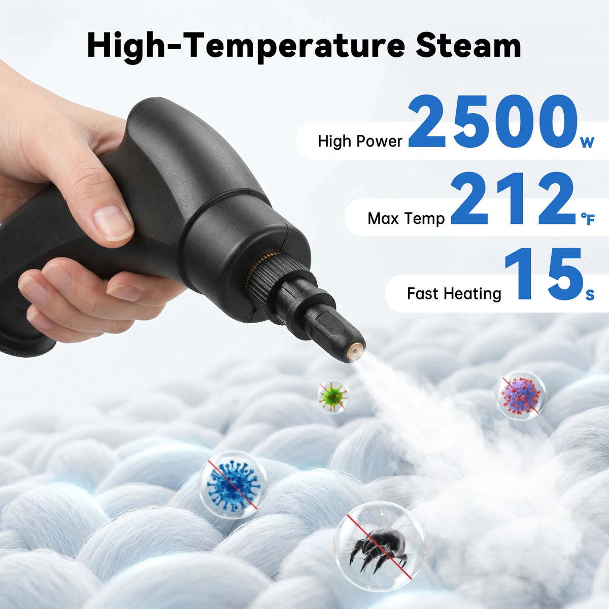 A hand holds a black high-temperature steam cleaner emitting white steam onto a white, fluffy surface.