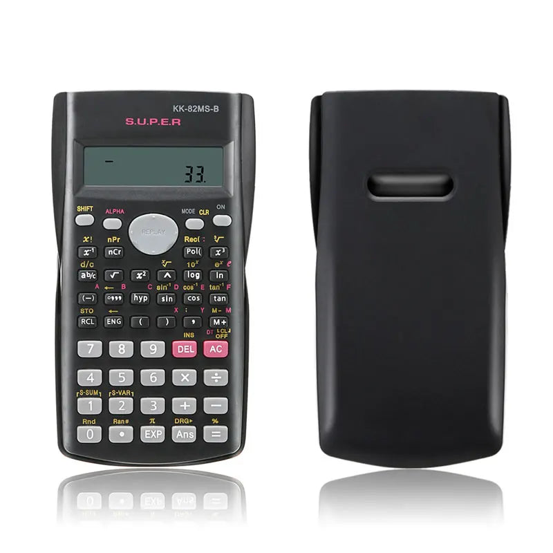 A black scientific calculator with a digital display showing 33 and a separate black casing.